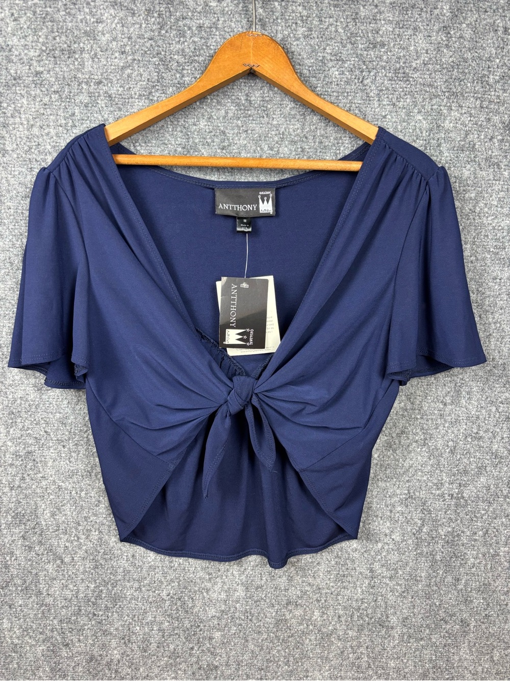 Antthony Navy Front-Tie Flutter Sleeve Crop Top